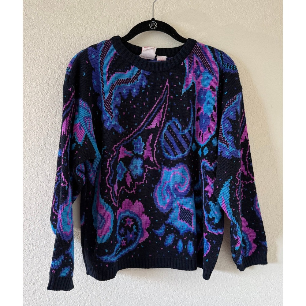 Vintage Fetagetti Paisley Intarsia Knit Sweater Black Blue Purple Pink 80s 90s
